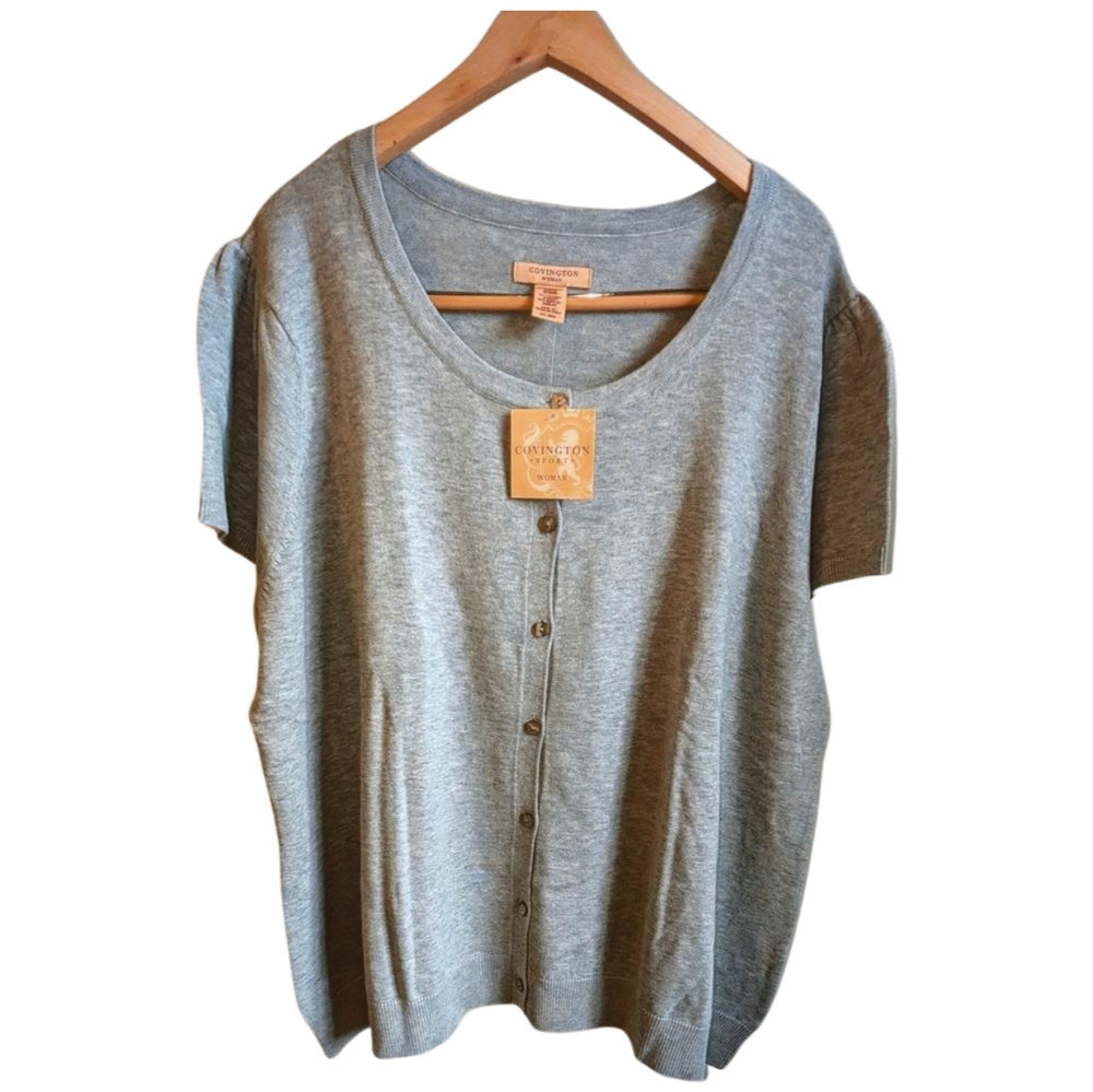Covington Light Gray Button-Up Short Sleeve Cardigan 24-26W NWT